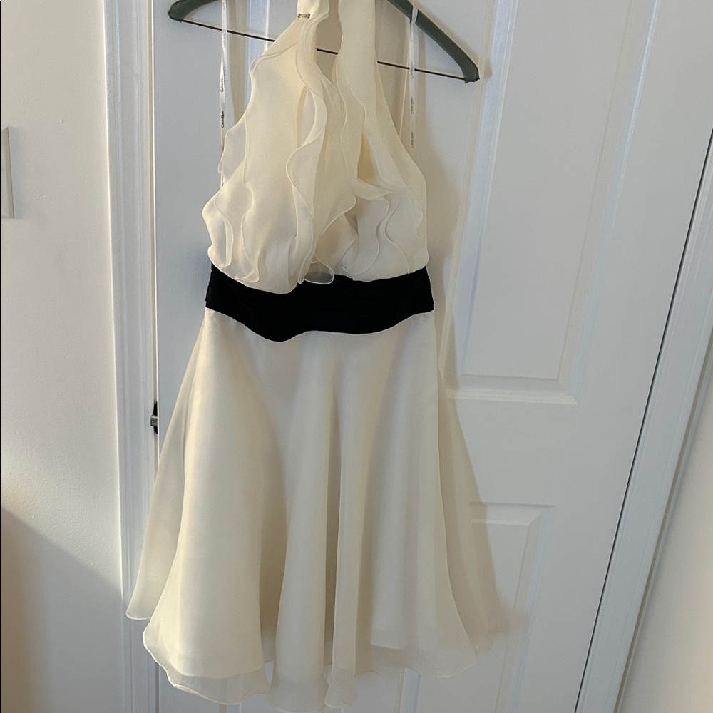 Calvin Klein Elegant Cream Halter Dress with Black Waistband